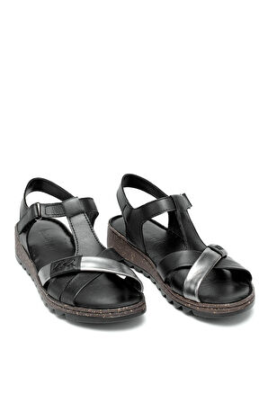 Elit Rhm207 Kadın Hakiki Deri Ortopedik Düz Sandalet Siyah