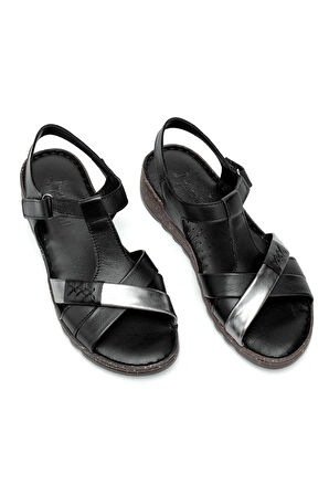 Elit Rhm207 Kadın Hakiki Deri Ortopedik Düz Sandalet Siyah