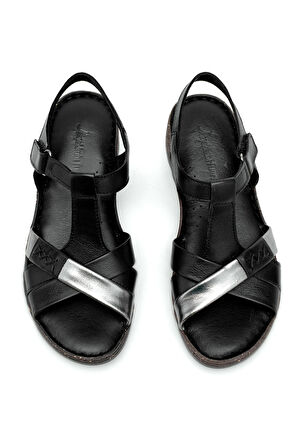 Elit Rhm207 Kadın Hakiki Deri Ortopedik Düz Sandalet Siyah