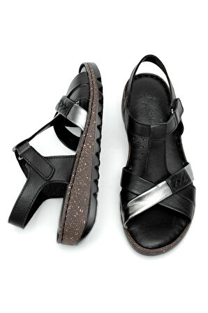 Elit Rhm207 Kadın Hakiki Deri Ortopedik Düz Sandalet Siyah