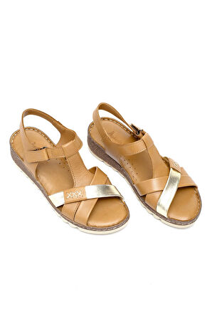 Elit Rhm207 Kadın Hakiki Deri Ortopedik Düz Sandalet Taba