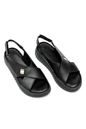 Elit Rhm408 Kadın Hakiki Deri Ortopedik Düz Sandalet Siyah