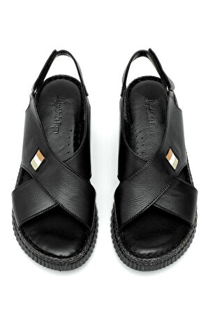 Elit Rhm408 Kadın Hakiki Deri Ortopedik Düz Sandalet Siyah