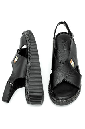 Elit Rhm408 Kadın Hakiki Deri Ortopedik Düz Sandalet Siyah