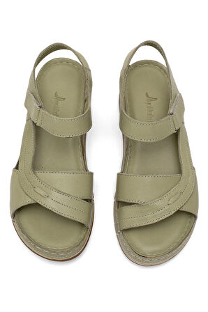 Elit RhmM-14 Kadın Hakiki Deri Ortopedik Düz Sandalet Yeşil