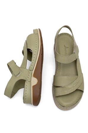 Elit RhmM-14 Kadın Hakiki Deri Ortopedik Düz Sandalet Yeşil