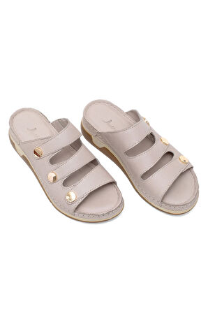 Elit RhmM-15 Kadın Hakiki Deri Ortopedik Düz Terlik Gri