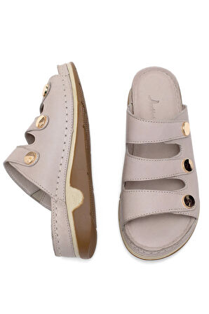 Elit RhmM-15 Kadın Hakiki Deri Ortopedik Düz Terlik Gri