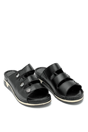 Elit RhmM-15 Kadın Hakiki Deri Ortopedik Düz Terlik Siyah