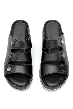 Elit RhmM-15 Kadın Hakiki Deri Ortopedik Düz Terlik Siyah