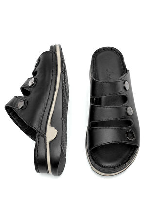 Elit RhmM-15 Kadın Hakiki Deri Ortopedik Düz Terlik Siyah