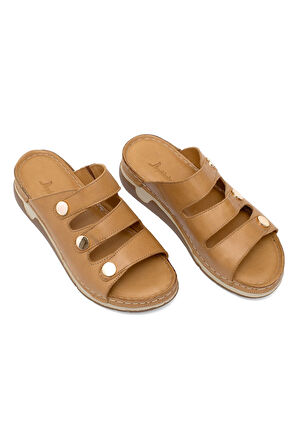 Elit RhmM-15 Kadın Hakiki Deri Ortopedik Düz Terlik Taba