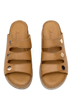 Elit RhmM-15 Kadın Hakiki Deri Ortopedik Düz Terlik Taba