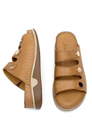 Elit RhmM-15 Kadın Hakiki Deri Ortopedik Düz Terlik Taba