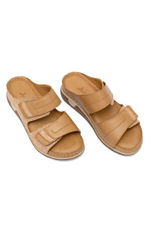 Elit RhmM-17 Kadın Hakiki Deri Ortopedik Düz Terlik Taba