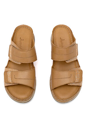 Elit RhmM-17 Kadın Hakiki Deri Ortopedik Düz Terlik Taba