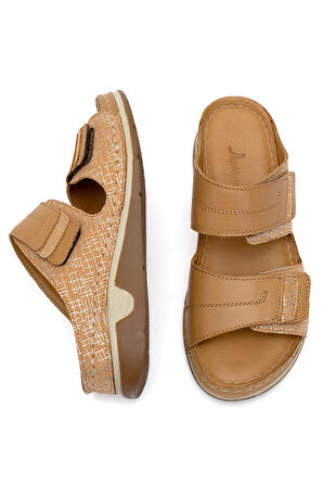 Elit RhmM-17 Kadın Hakiki Deri Ortopedik Düz Terlik Taba