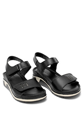 Elit RhmM-22 Kadın Hakiki Deri Ortopedik Düz Sandalet Siyah