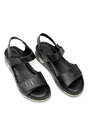 Elit RhmM-22 Kadın Hakiki Deri Ortopedik Düz Sandalet Siyah