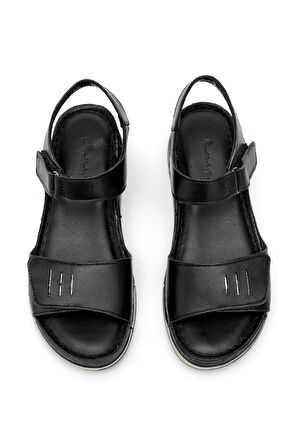 Elit RhmM-22 Kadın Hakiki Deri Ortopedik Düz Sandalet Siyah