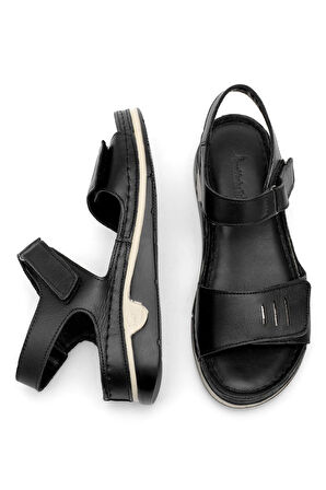 Elit RhmM-22 Kadın Hakiki Deri Ortopedik Düz Sandalet Siyah