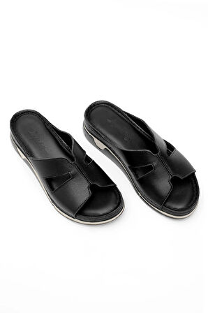 Elit RhmM-23 Kadın Hakiki Deri Ortopedik Düz Terlik Siyah