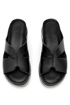 Elit RhmM-23 Kadın Hakiki Deri Ortopedik Düz Terlik Siyah