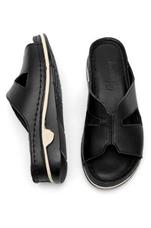 Elit RhmM-23 Kadın Hakiki Deri Ortopedik Düz Terlik Siyah