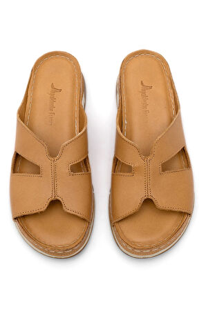 Elit RhmM-23 Kadın Hakiki Deri Ortopedik Düz Terlik Taba