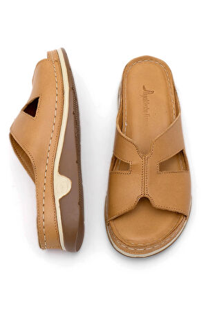 Elit RhmM-23 Kadın Hakiki Deri Ortopedik Düz Terlik Taba