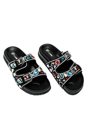 Elit Myra Kadın Hakiki Nubuk Deri Ortopedik Taşlı Düz Terlik Siyah