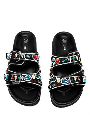 Elit Myra Kadın Hakiki Nubuk Deri Ortopedik Taşlı Düz Terlik Siyah