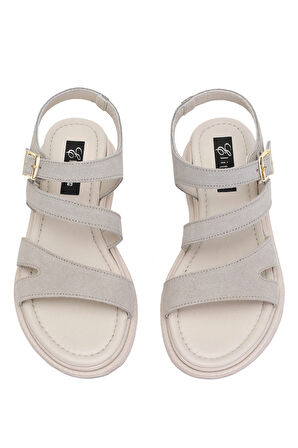 Elit Rhea Kadın Hakiki Deri Düz Sandalet Bej