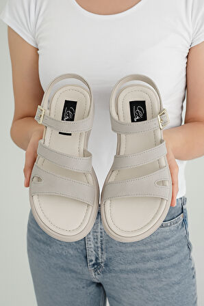 Elit Rhea Kadın Hakiki Deri Düz Sandalet Bej