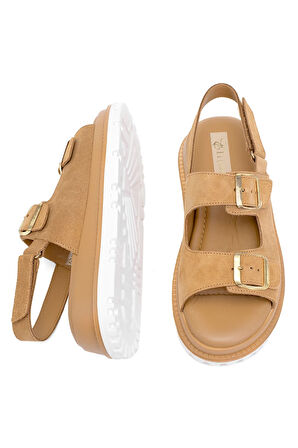 Elit Lexa Kadın Hakiki Deri Düz Sandalet Taba