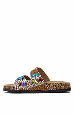 Guja 25Y102-2 Kadın Taşlı Düz Terlik Camel