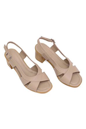 Elit Koc15-06 Kadın Hakiki Deri Topuklu Sandalet Bej