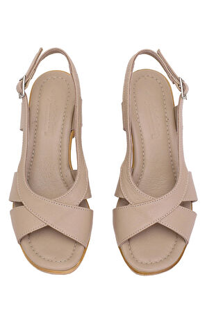 Elit Koc15-06 Kadın Hakiki Deri Topuklu Sandalet Bej