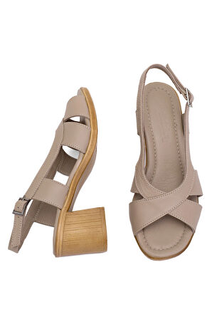 Elit Koc15-06 Kadın Hakiki Deri Topuklu Sandalet Bej