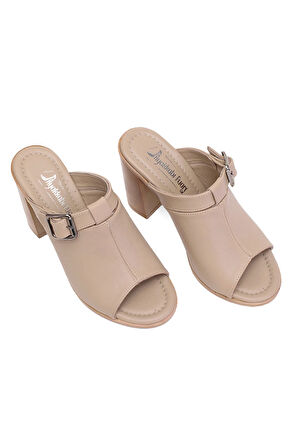 Elit Koc17-03 Kadın Hakiki Deri Topuklu Terlik Bej