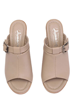 Elit Koc17-03 Kadın Hakiki Deri Topuklu Terlik Bej