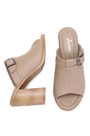 Elit Koc17-03 Kadın Hakiki Deri Topuklu Terlik Bej