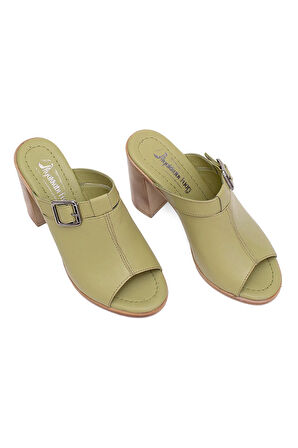Elit Koc17-03 Kadın Hakiki Deri Topuklu Terlik Yeşil