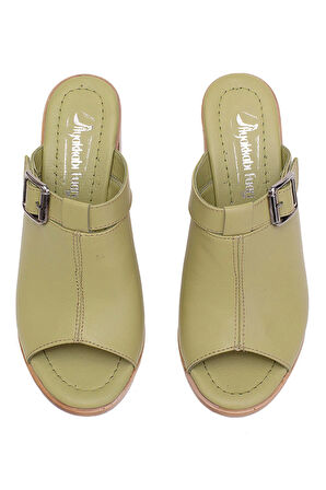 Elit Koc17-03 Kadın Hakiki Deri Topuklu Terlik Yeşil