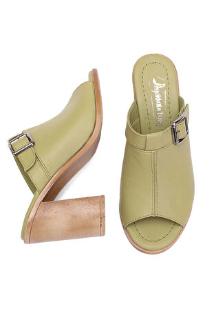 Elit Koc17-03 Kadın Hakiki Deri Topuklu Terlik Yeşil