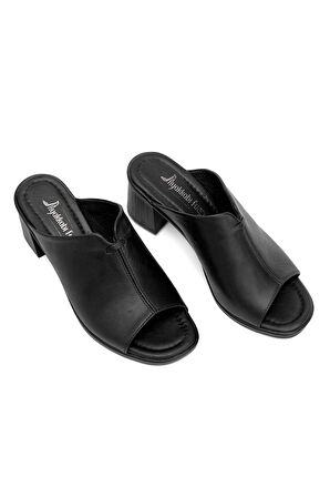 Elit Koc22-10 Kadın Hakiki Deri Topuklu Terlik Siyah