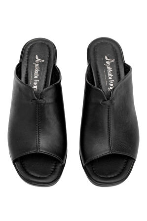 Elit Koc22-10 Kadın Hakiki Deri Topuklu Terlik Siyah