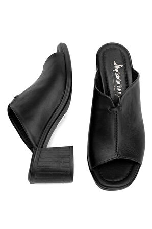 Elit Koc22-10 Kadın Hakiki Deri Topuklu Terlik Siyah