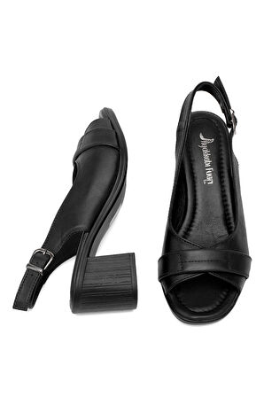 Elit Koc22-18 Kadın Hakiki Deri Topuklu Sandalet Siyah