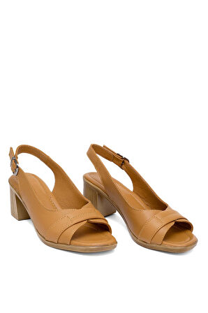 Elit Koc22-18 Kadın Hakiki Deri Topuklu Sandalet Taba